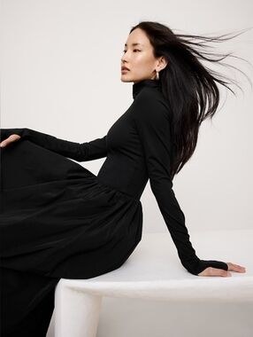 Banana Republic Taffeta Combo Turtleneck Maxi Dress Black NWT